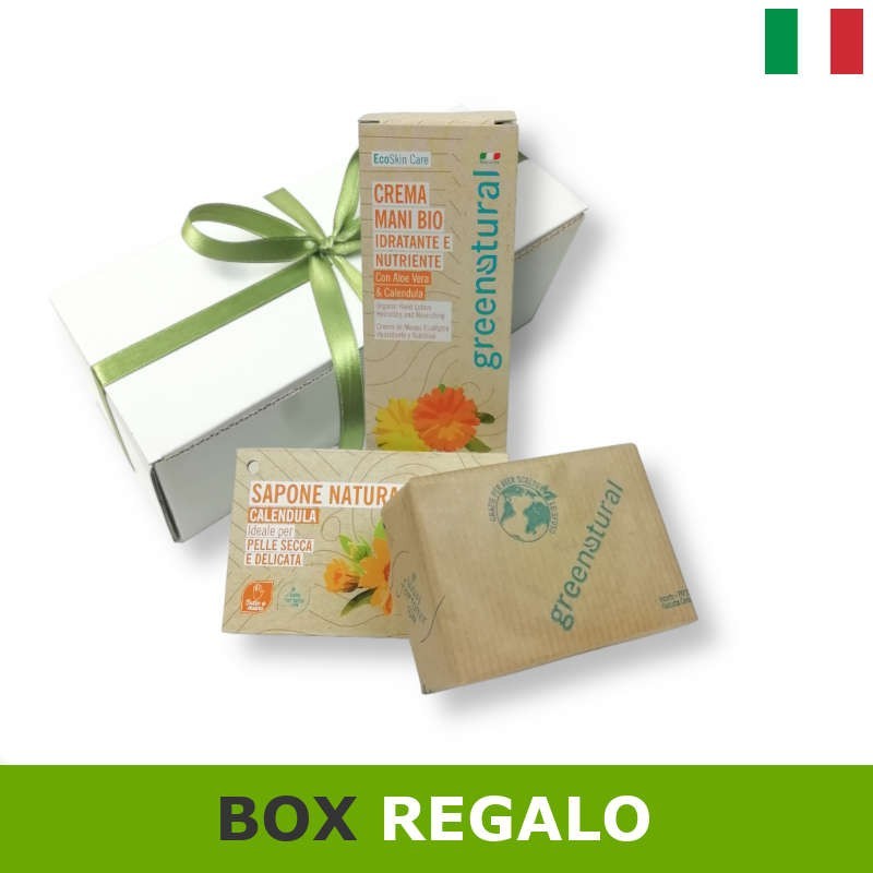 box regalo con crema mani e sapone calendula. Idea regalo ecobio