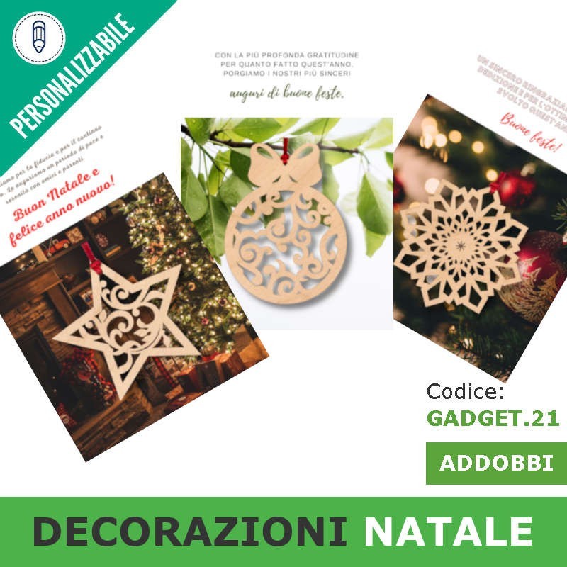 Decorazioni natalizie di legno con biglietto da personalizzare per gadget aziendale