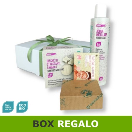 Set cosmetici struccanti eco con acqua micellare, sapone, dischetti lavabili